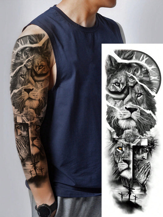 1 Sheets Extra Large Full Arm Size Body Art Temporary Tattoo Stickers for Men and Women, Black Realistic Lion Pattern, Waterproof Fake Sleeves Tattoos, Lasts 2-5 Days, Covering Scars, Can Be Used on Arms Wrist Shoulders Legs Waist Neck Hand Chest Thighs Finger, Best Friend Couple Party Tattoo