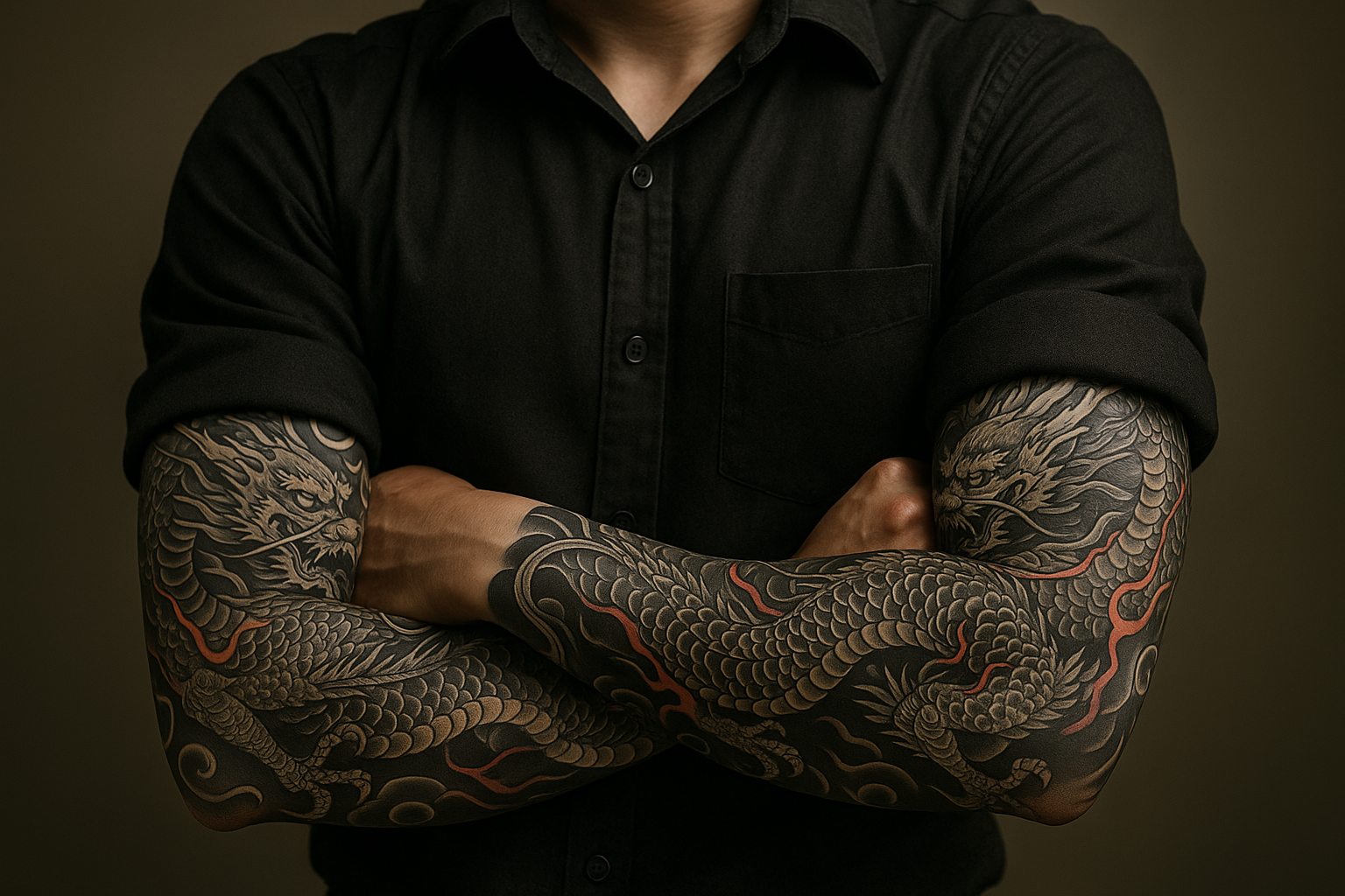 I want a person showing off his yakuza dragon tattoo on his sleeves  